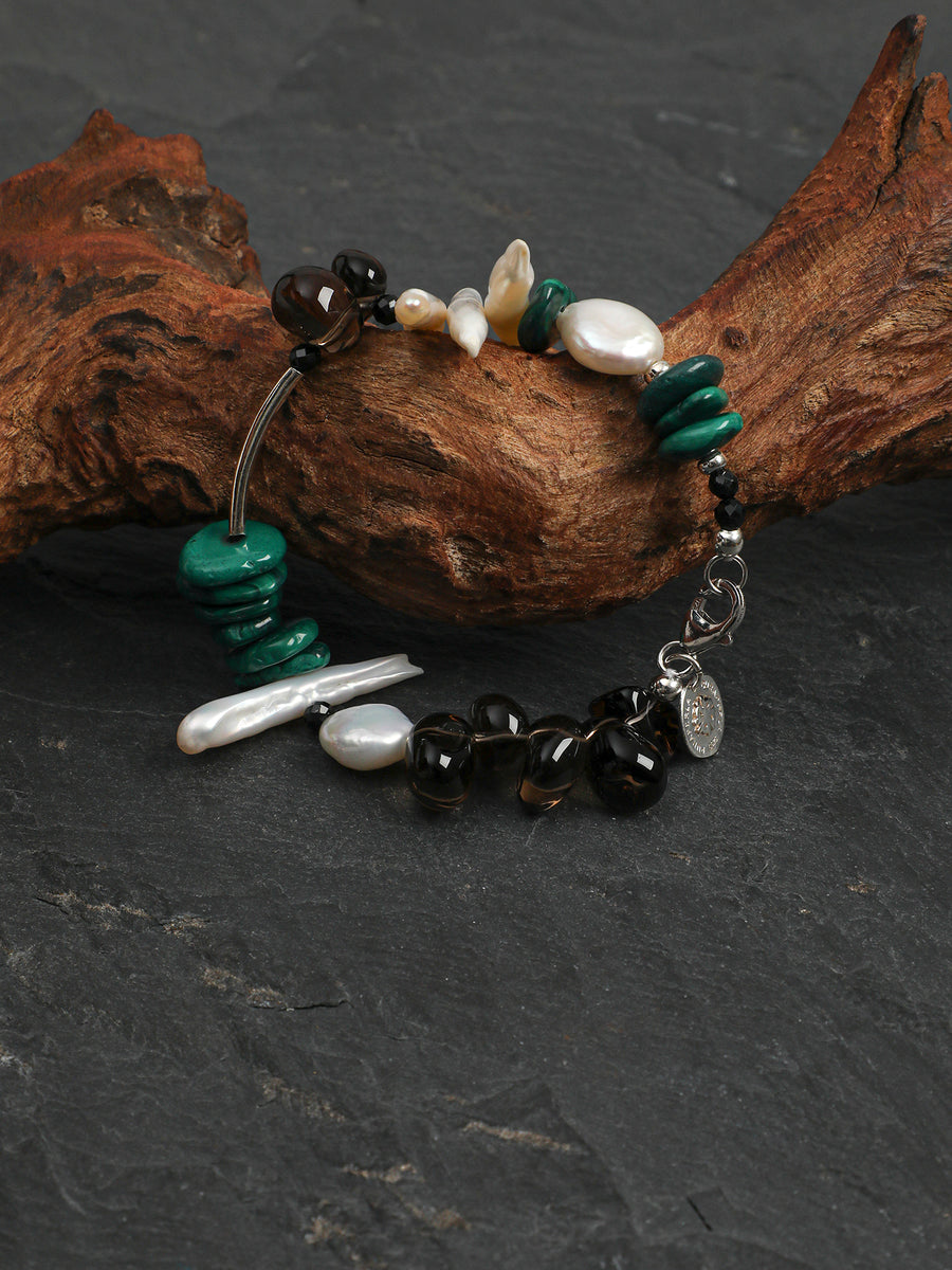 Malachite & Smoky Quartz Beaded Bracelet | ORIVENNE