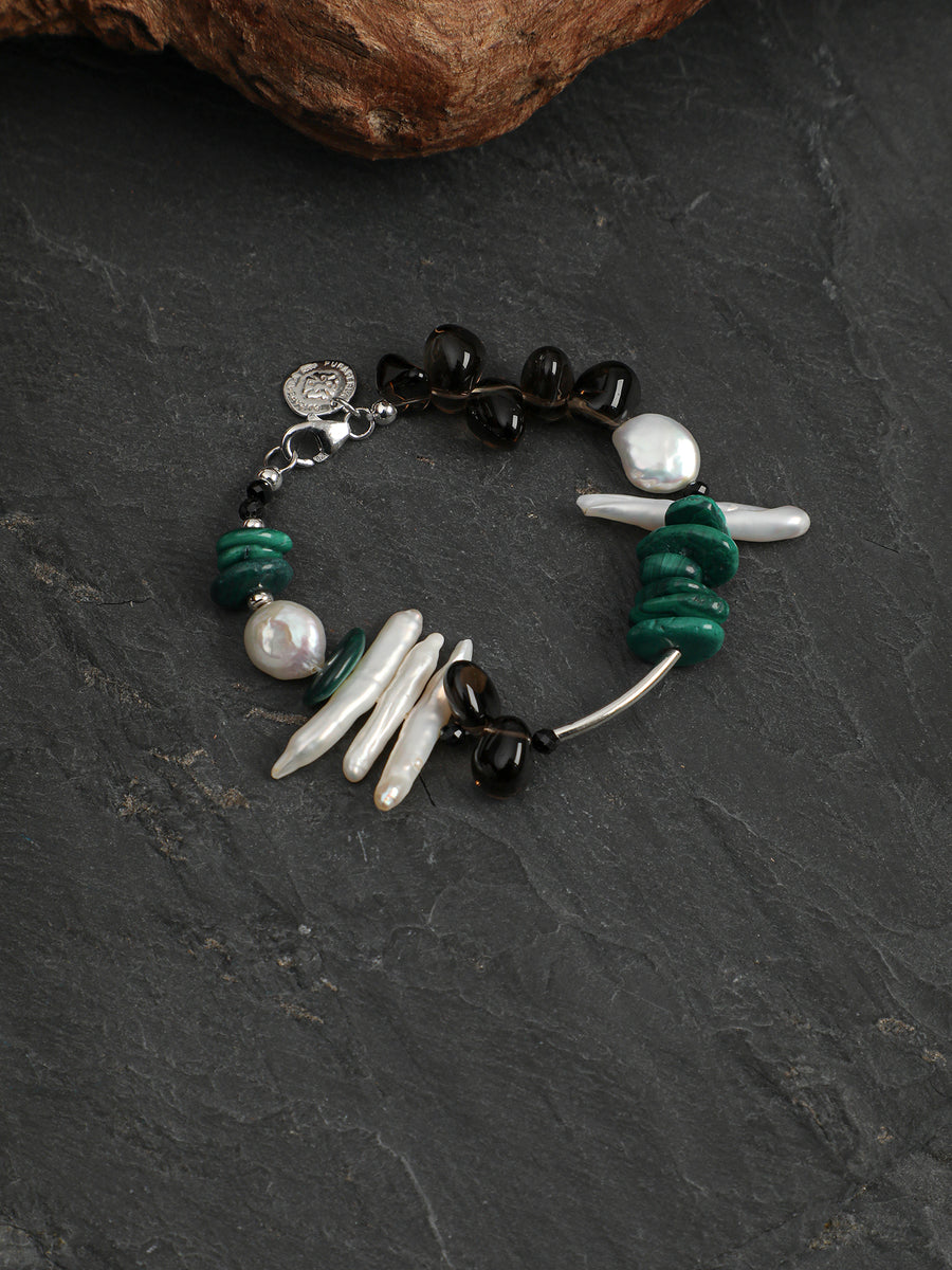 Malachite & Smoky Quartz Beaded Bracelet | ORIVENNE