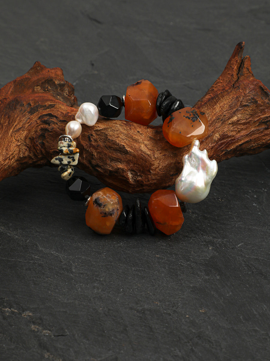Red Agate & Baroque Pearl Stretch Bracelet | ORIVENNE