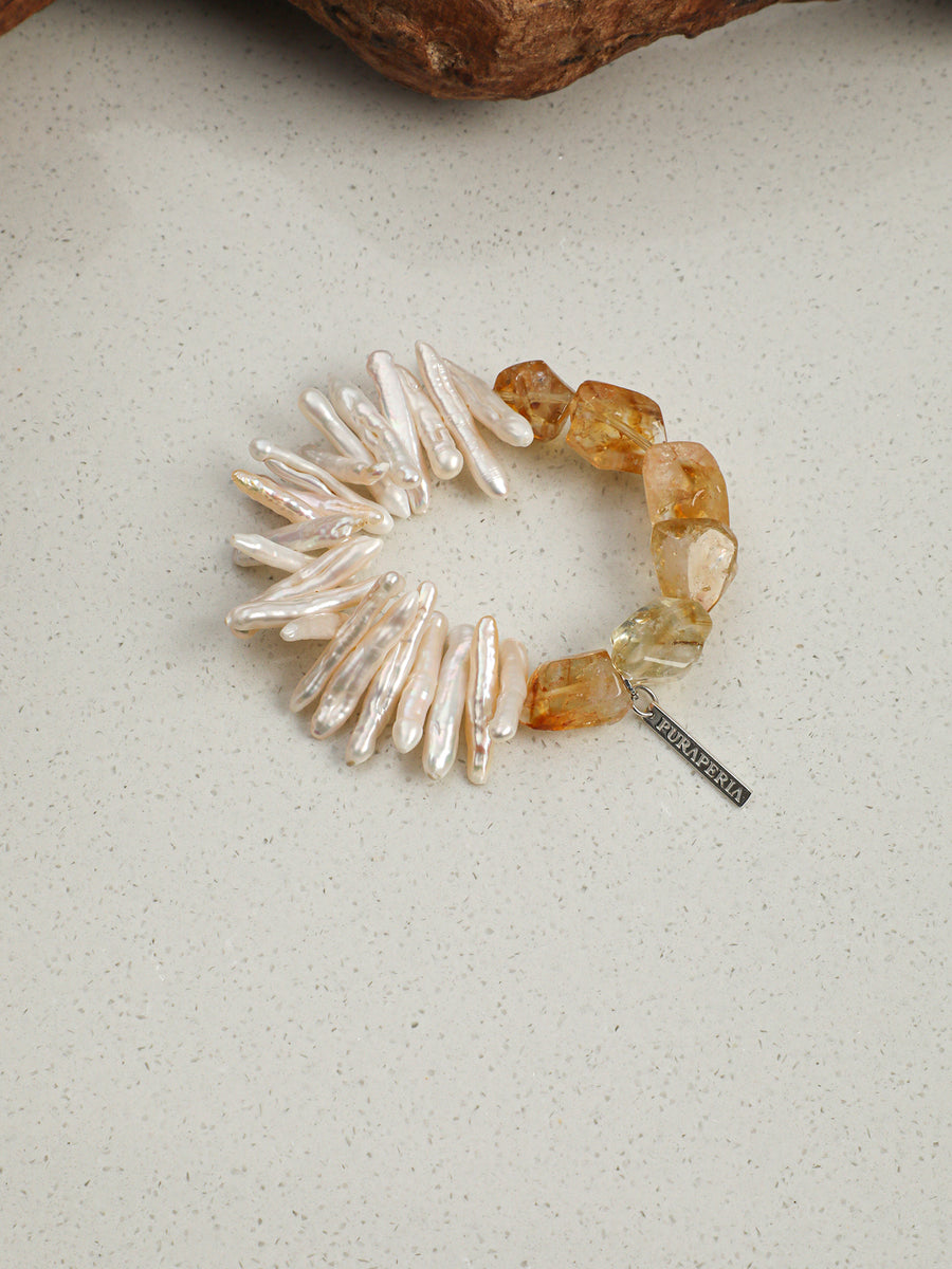 Golden Citrine & Baroque-Style Bead Stretch Bracelet | ORIVENNE