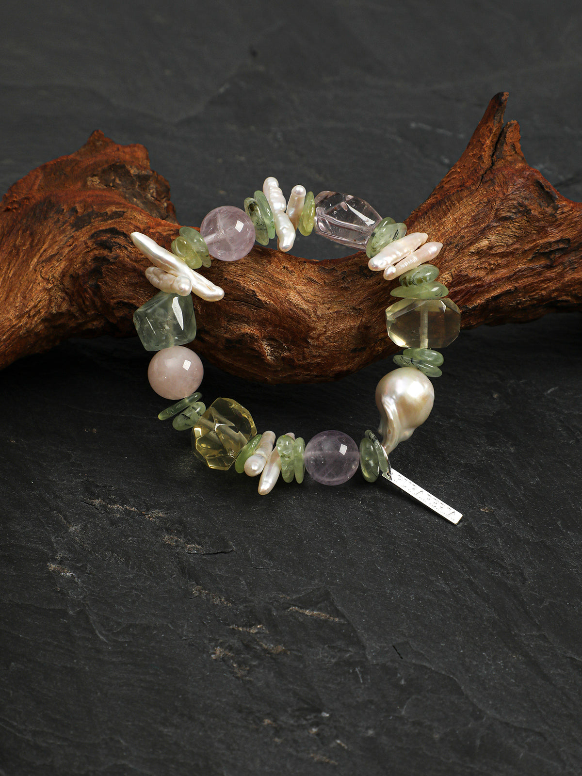 Pastel Prehnite & Amethyst Stretch Bracelet | ORIVENNE