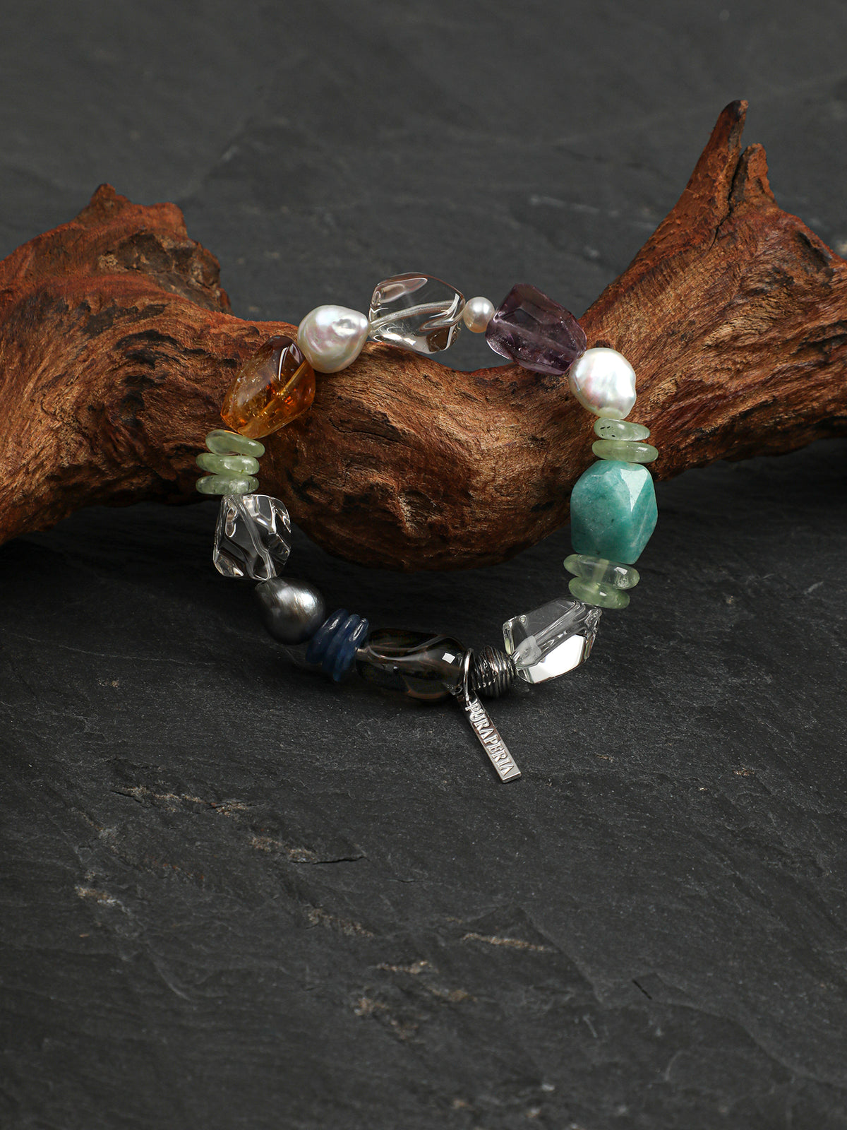 Multicolour Gemstone & Baroque Pearl Stretch Bracelet | ORIVENNE