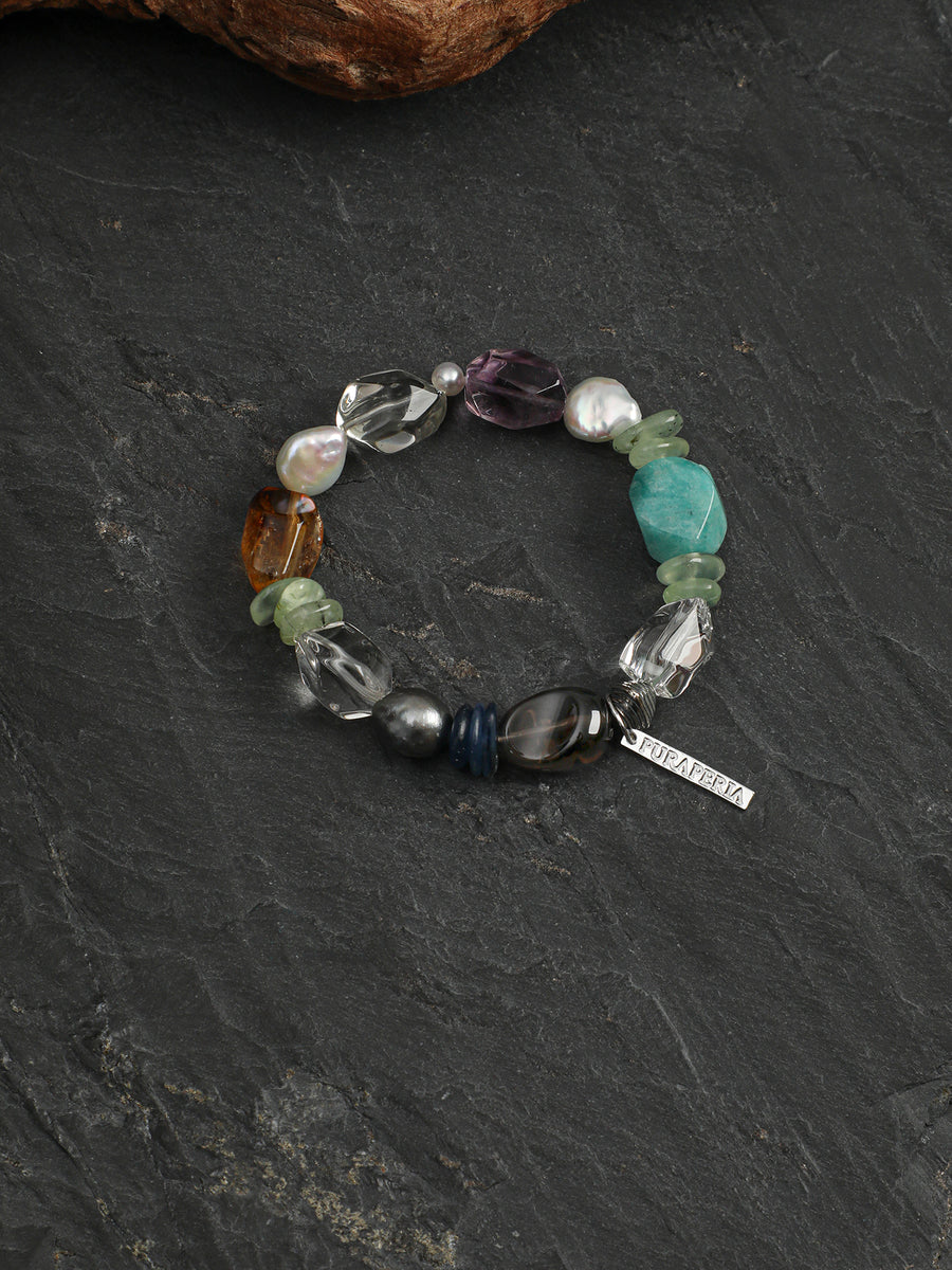 Multicolour Gemstone & Baroque Pearl Stretch Bracelet | ORIVENNE