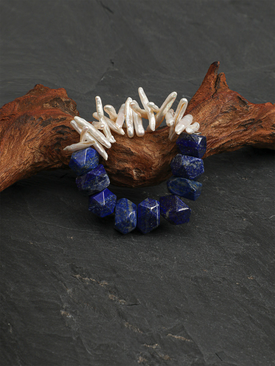 Lapis Lazuli & Baroque Bead Stretch Bracelet | ORIVENNE