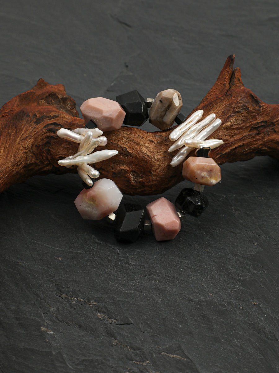 Pink Opal & Black Agate Stretch Bracelet | ORIVENNE