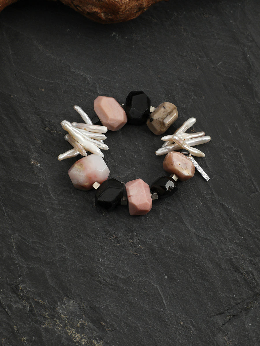 Pink Opal & Black Agate Stretch Bracelet | ORIVENNE