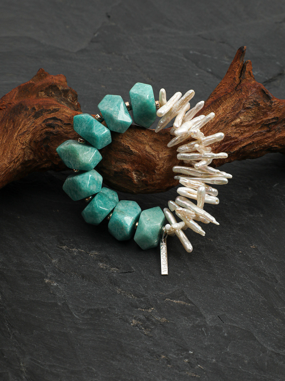 Amazonite & Baroque-Style Bead Stretch Bracelet | ORIVENNE