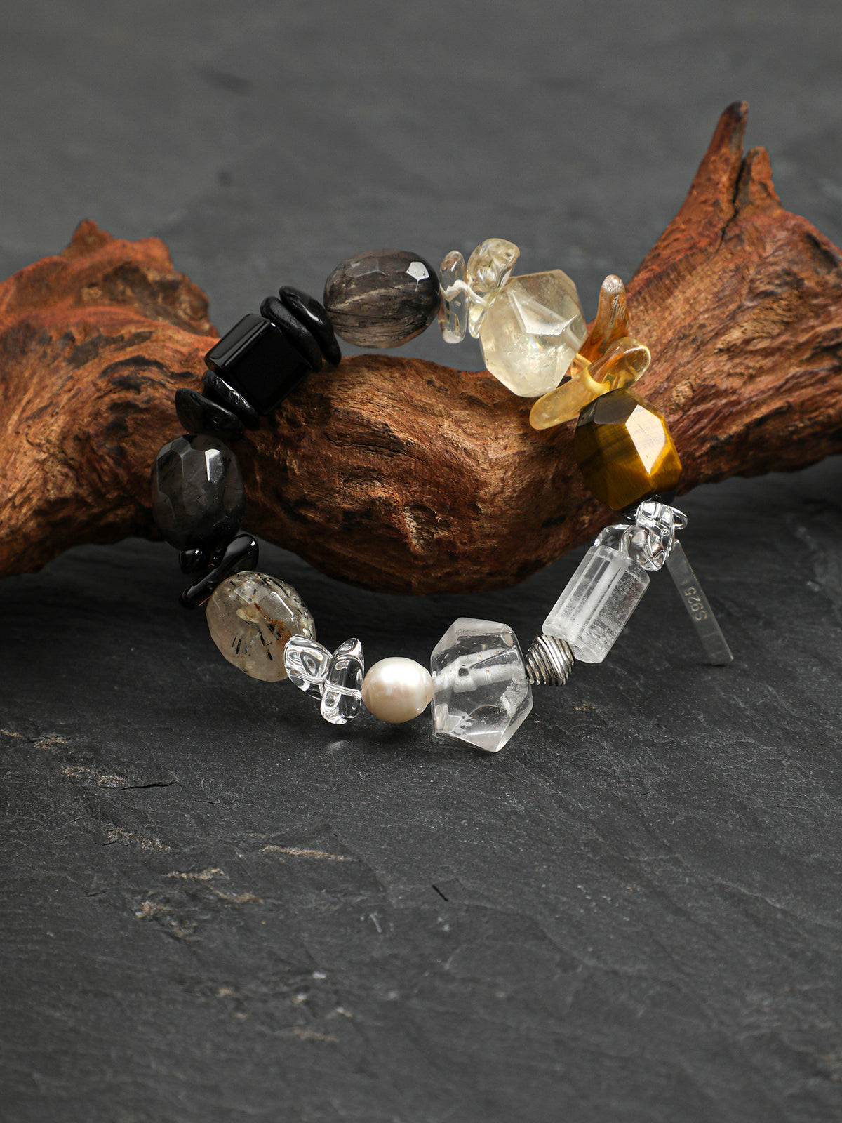 Black Gemstone & Freshwater Pearl Stretch Bracelet | ORIVENNE