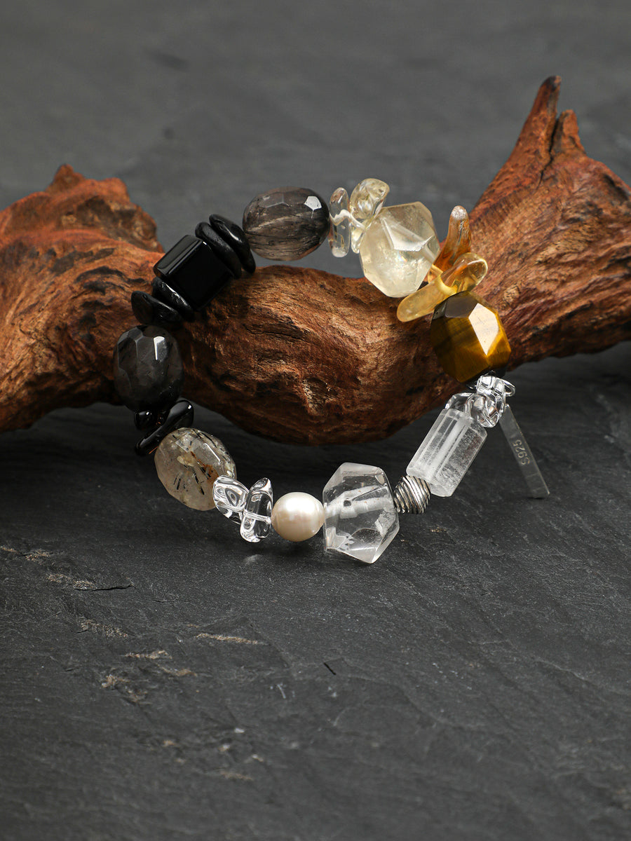 Black Gemstone & Freshwater Pearl Stretch Bracelet | ORIVENNE