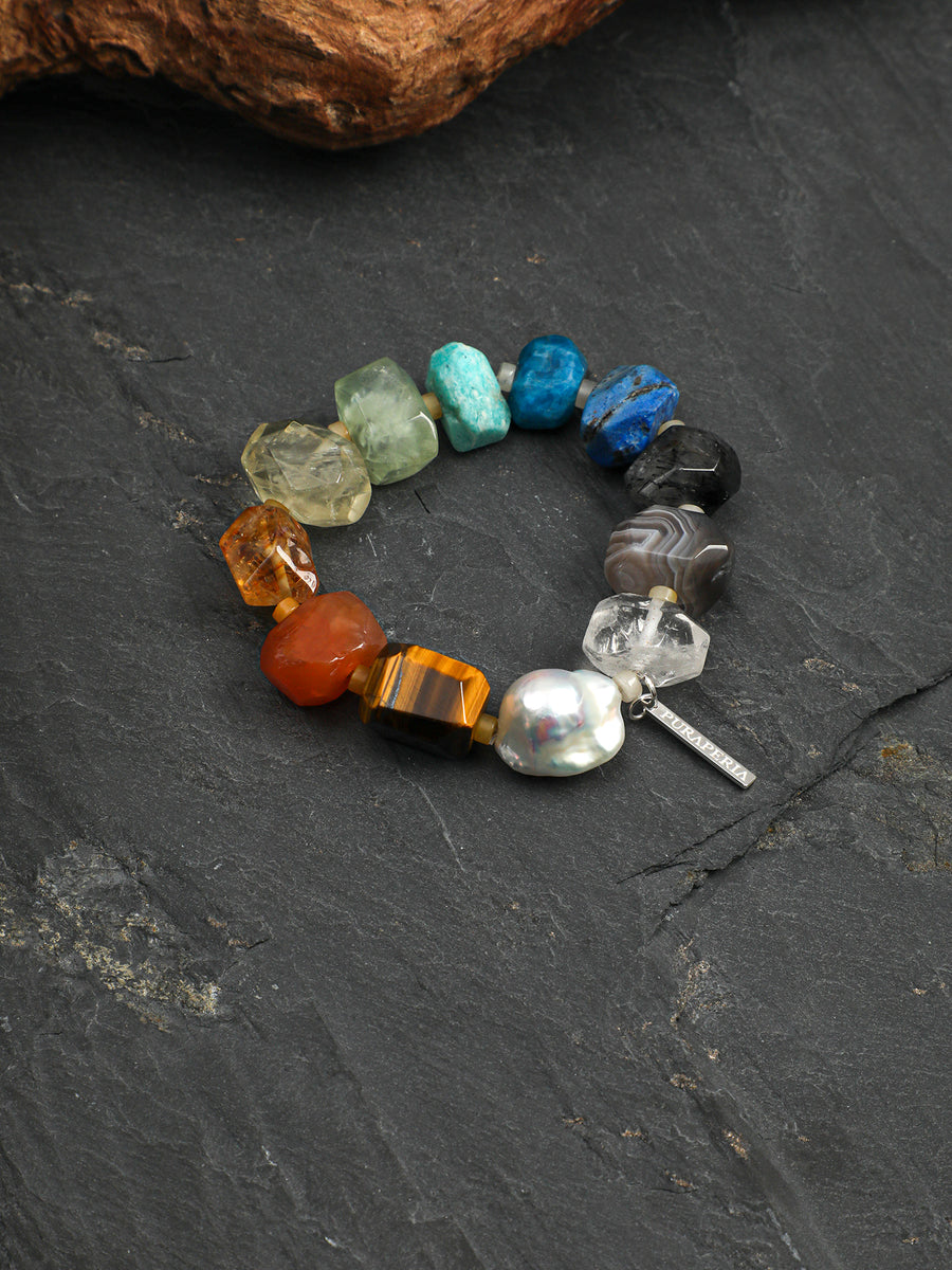 Multicolour Gemstone & Baroque Pearl Stretch Bracelet | ORIVENNE