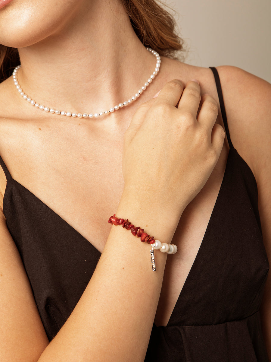 Freshwater Pearl & Red Chip Bead Stretch Bracelet | ORIVENNE