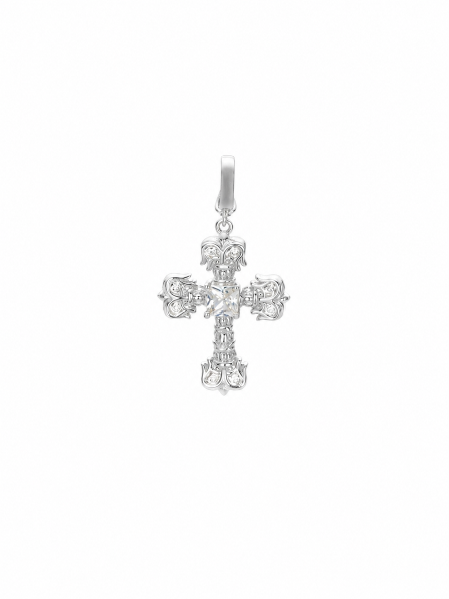 Flame Cross Pendant with Diamond Simulants, Rhodium-Plated 925 Sterling Silver, 3.4 cm - V-1046