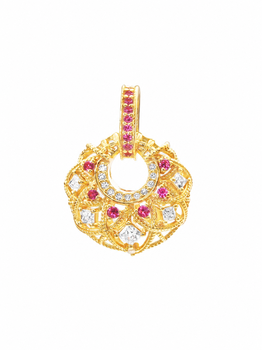 Vintage Filigree Red and Clear Stone Pendant, 18K Gold-Plated 925 Sterling Silver, 2 cm - V-1048