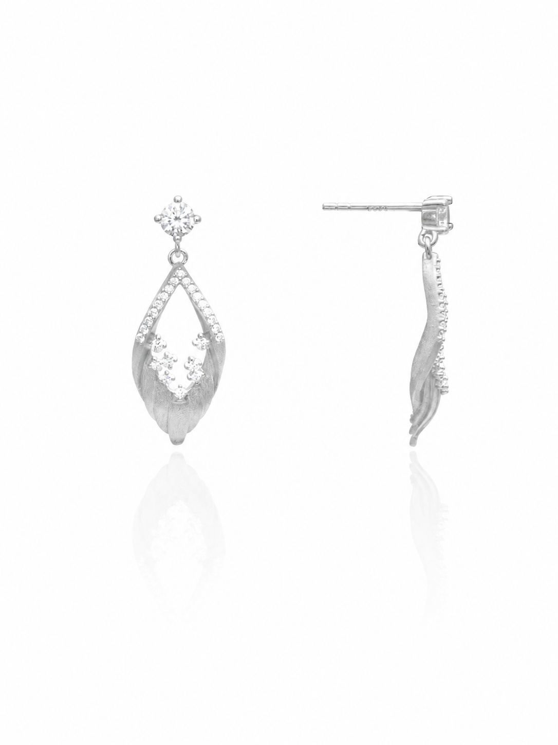 Brushed Feather Pave Stud Earrings, Rhodium-Plated 925 Sterling Silver - V-1020