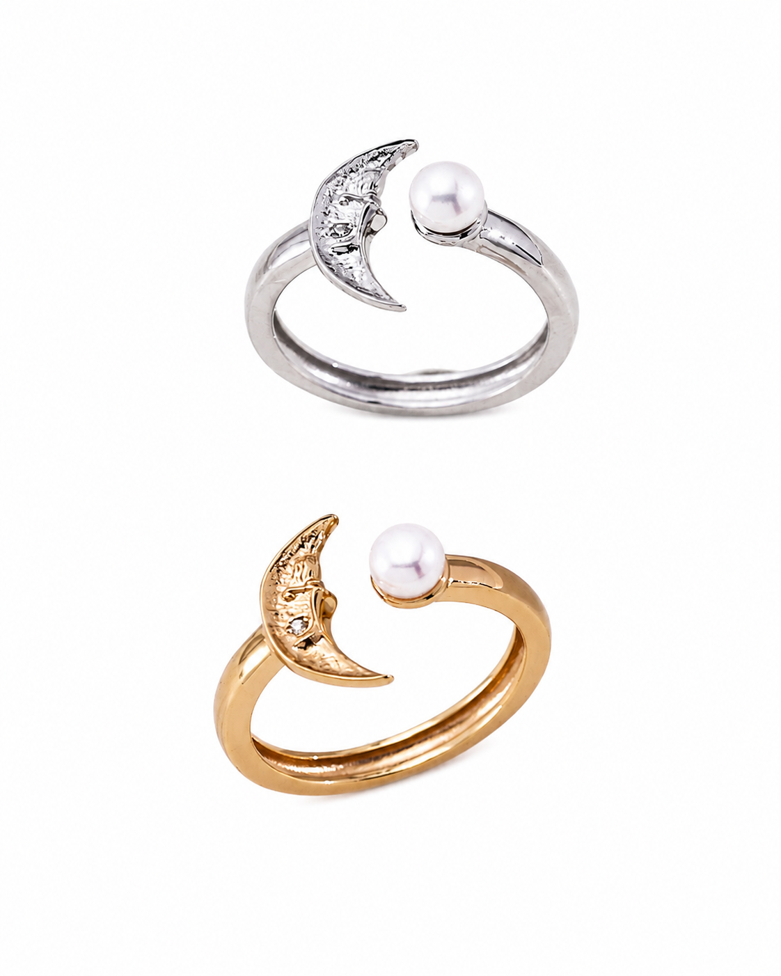 Crescent Moon Natural Pearl Adjustable Ring, 18K Gold/White Gold-Plated 925 Silver, 5 mm Pearl - V-1043