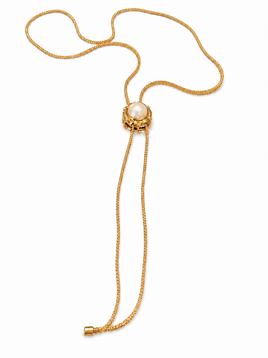 Adjustable Sliding Pearl Long Sweater Necklace, 18K Gold-Plated 925 Sterling Silver, 65-70 cm - V-1026