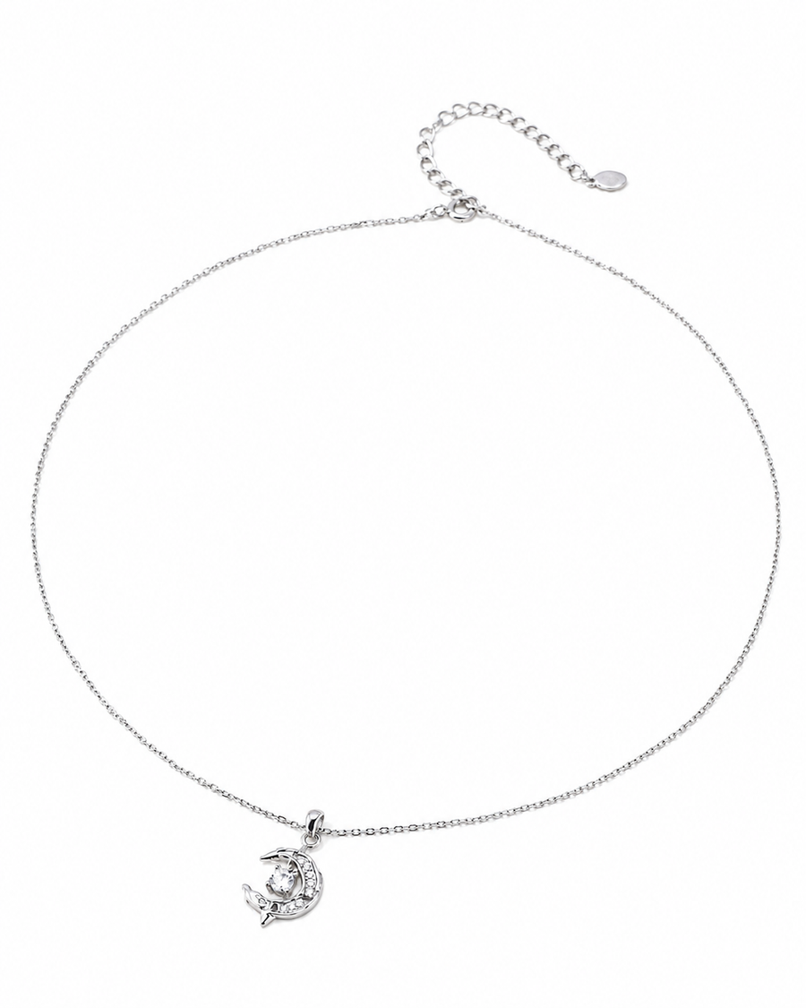 Crescent Moon and Star Cubic Zirconia Necklace, 18K Gold/White Gold-Plated 925 Silver, 38+6 cm - V-1054