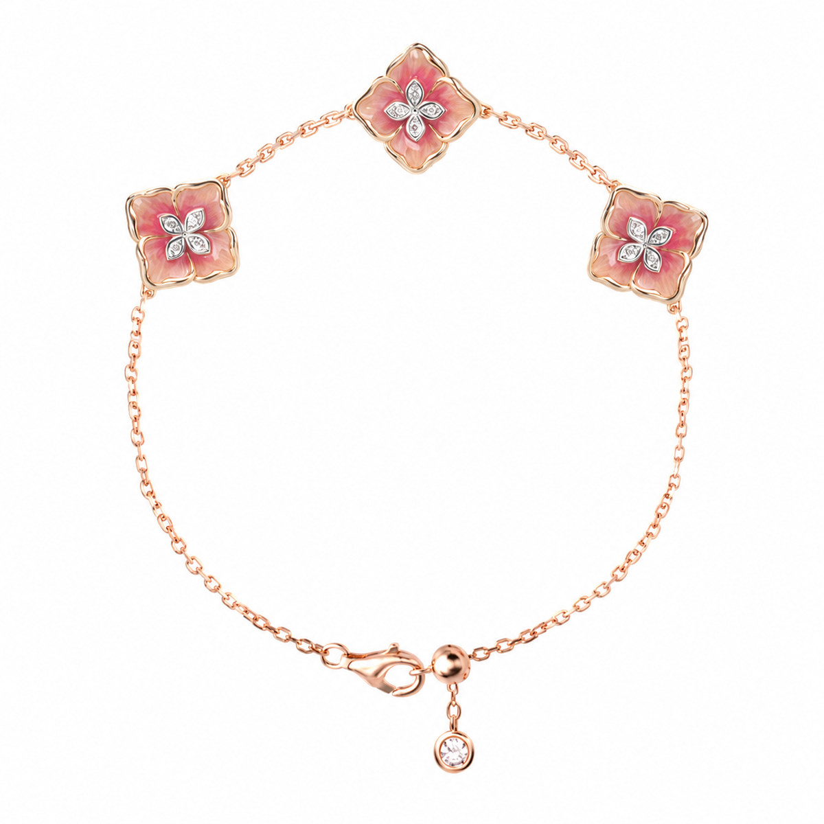Rose Gold Enamel Clover Flower Bracelet, Rose Gold-Plated 925 Sterling Silver, 15 cm - V-1007