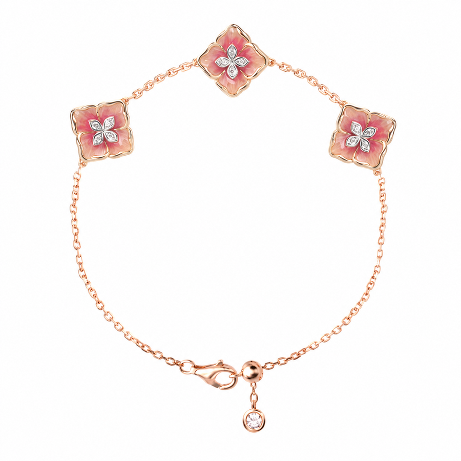 Rose Gold Enamel Clover Flower Bracelet, Rose Gold-Plated 925 Sterling Silver, 15 cm - V-1007
