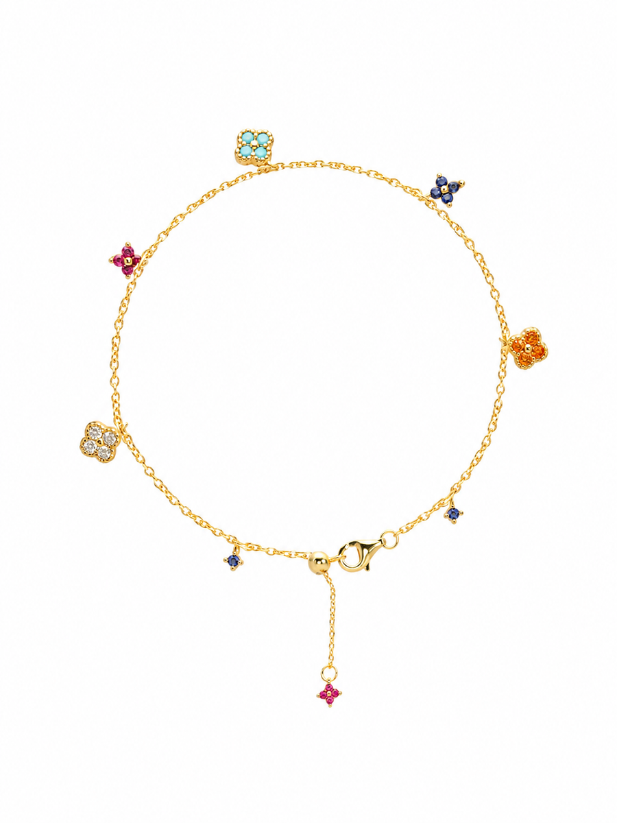 Colorful Clover Charm Bracelet, 18K Gold-Plated 925 Sterling Silver, 15 cm - V-1010