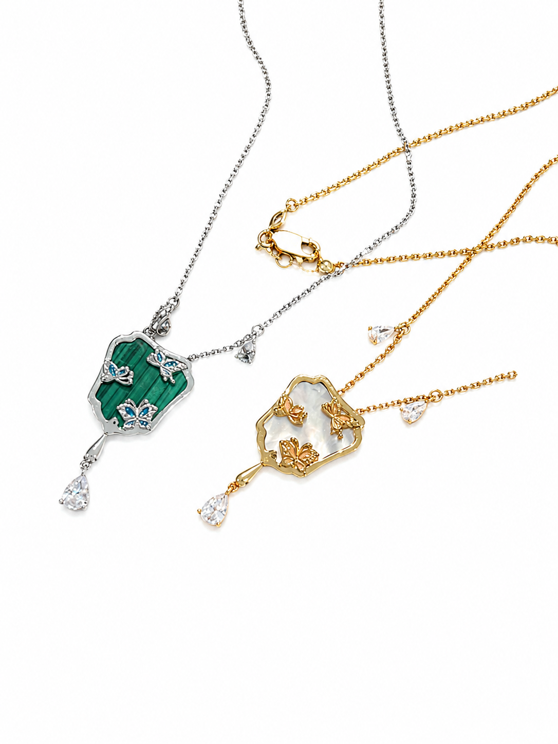 Malachite Fan Pendant Necklace with Butterfly, Rhodium-Plated 925 Sterling Silver, 45 cm - V-1013