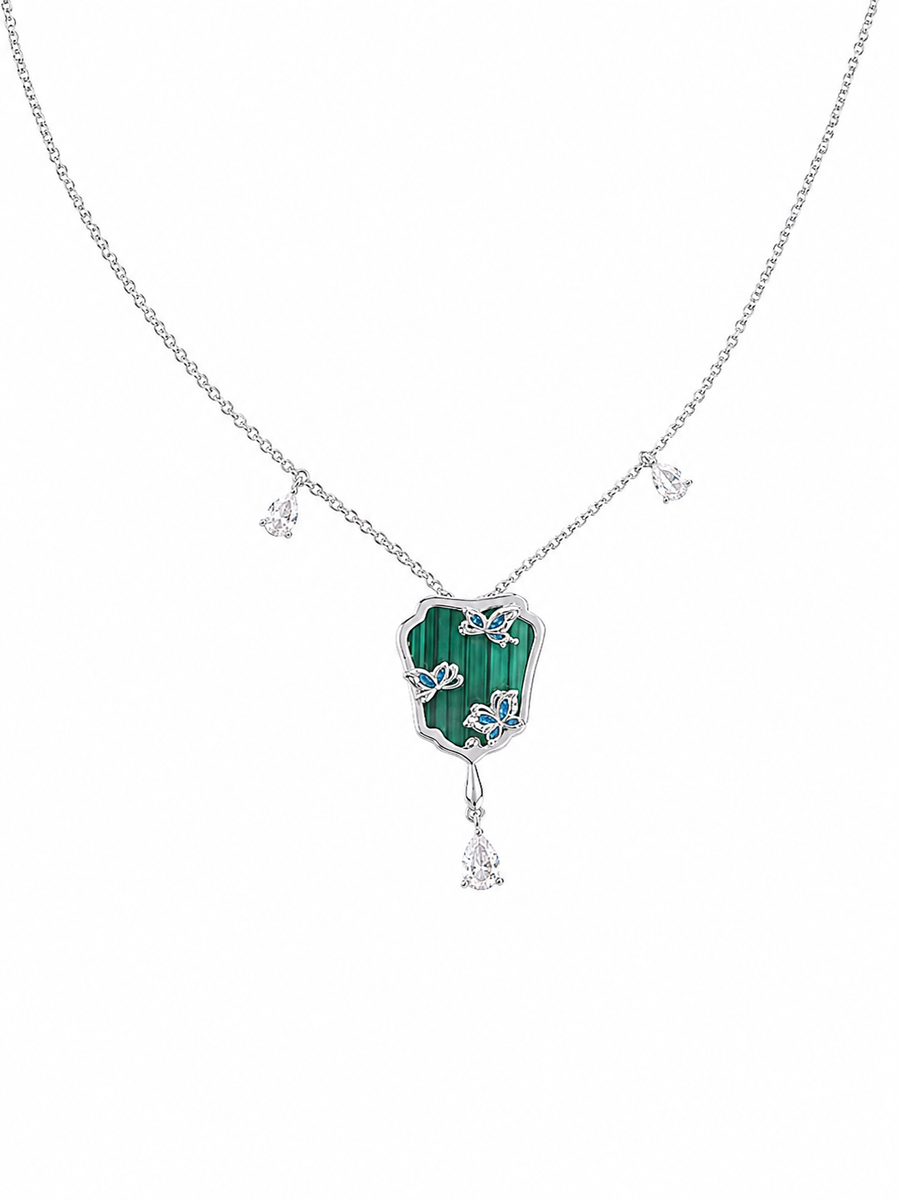 Malachite Fan Pendant Necklace with Butterfly, Rhodium-Plated 925 Sterling Silver, 45 cm - V-1013