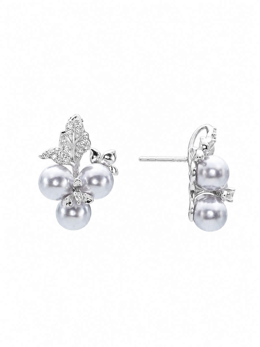 Grape Cluster Crystal Pearl Stud Earrings, Rhodium-Plated 925 Sterling Silver - V-1032