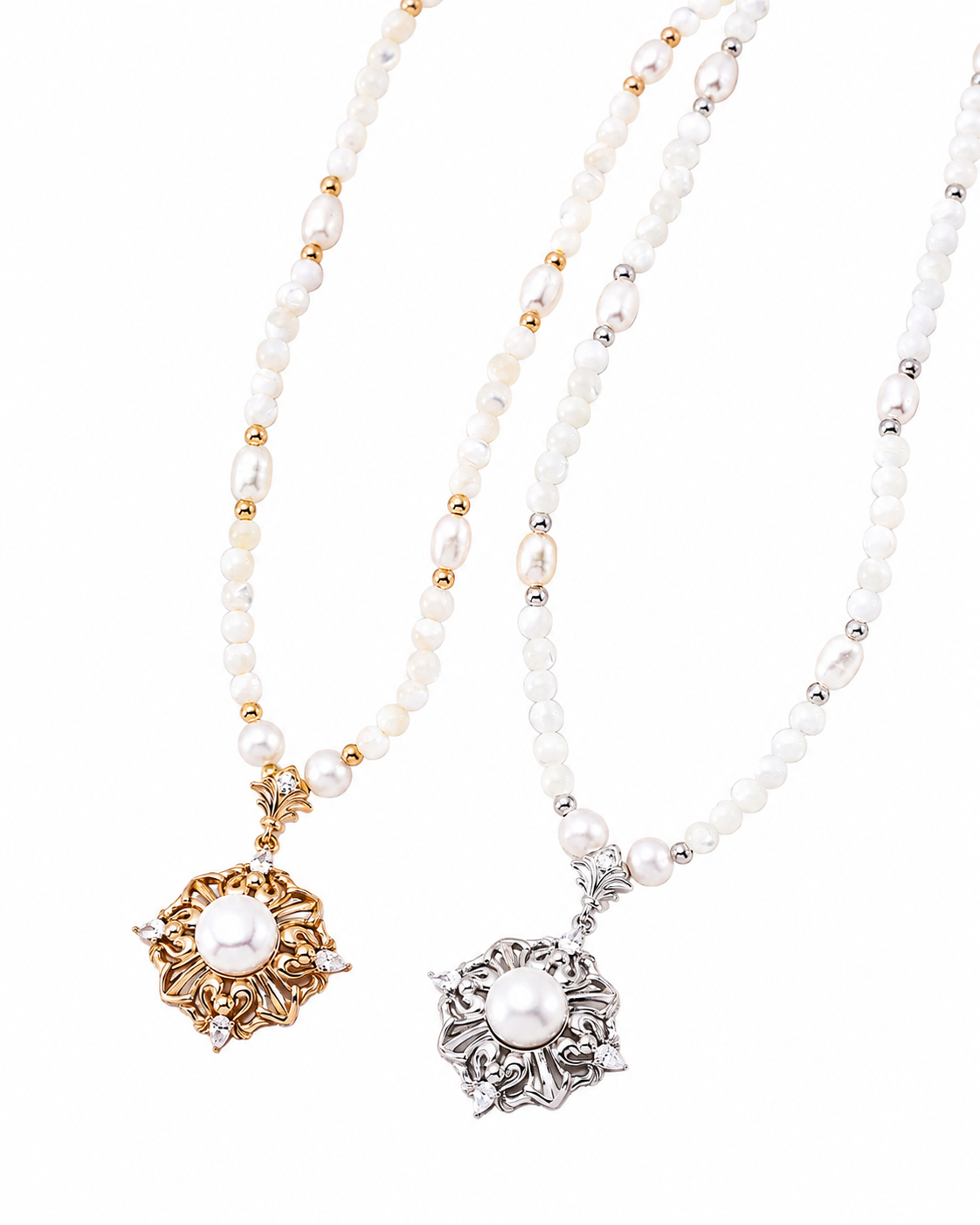 Gothic Floral Crown Mother-of-Pearl and Pearl Necklace, 18K Gold/White Gold-Plated 925 Silver, 38+6 cm - V-1028