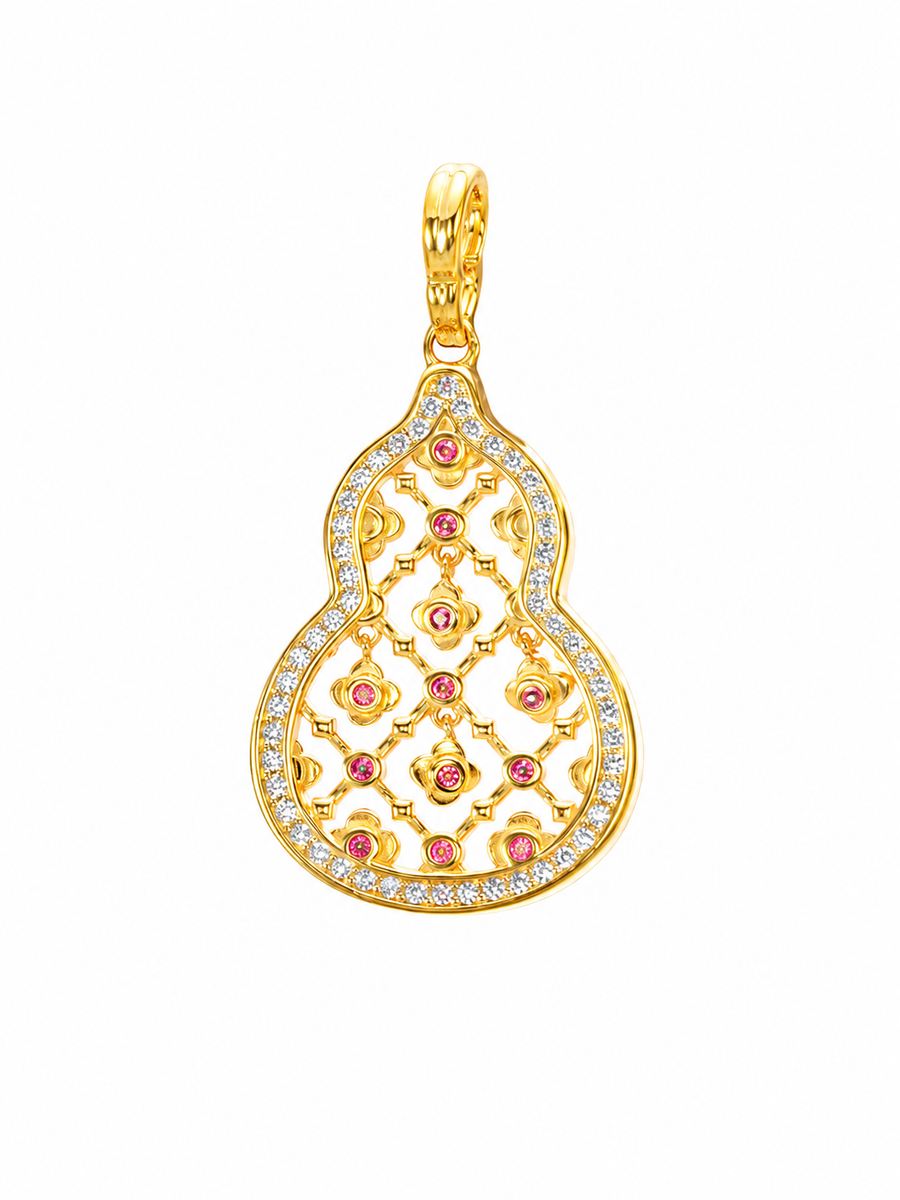 Hollow Gourd Filigree Pendant with Diamond Simulants, 18K Gold-Plated 925 Silver, 3.1 cm - V-1035