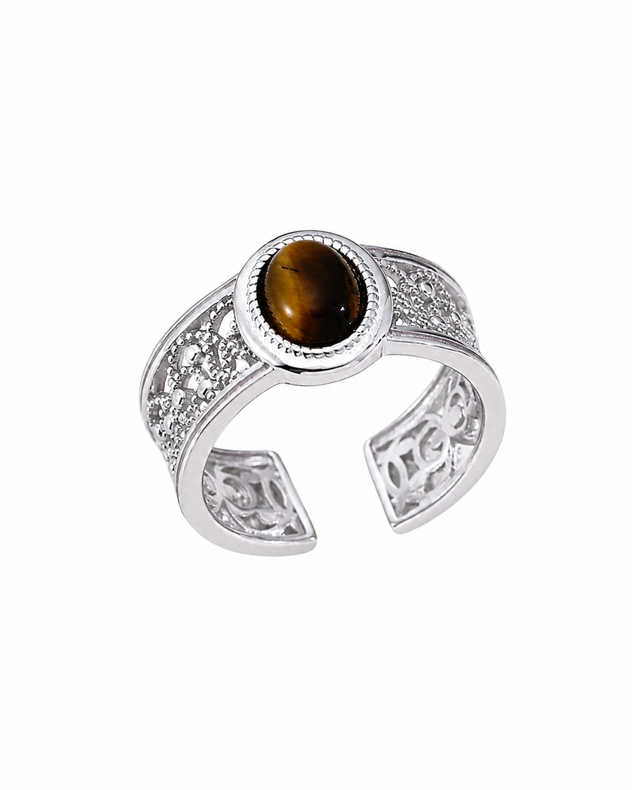 Vintage Tiger's Eye Adjustable Ring, 18K Gold/White Gold-Plated 925 Sterling Silver, Size 16 - V-1042