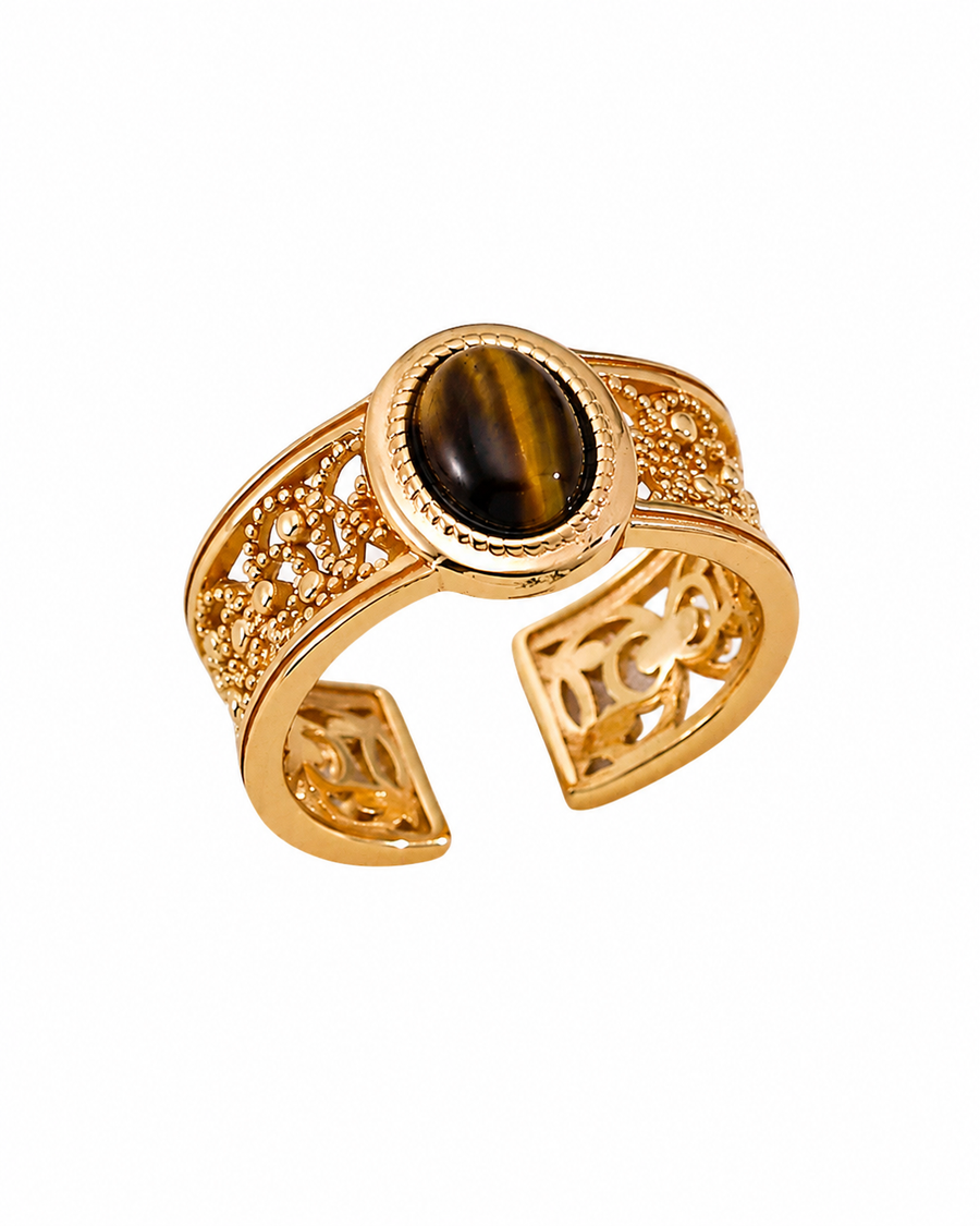 Vintage Tiger's Eye Adjustable Ring, 18K Gold/White Gold-Plated 925 Sterling Silver, Size 16 - V-1042