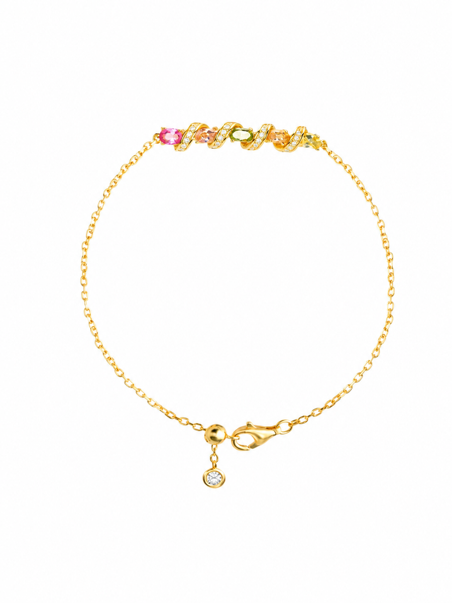 Rainbow Bridge Multicolor Stone Bracelet, 18K Gold-Plated 925 Sterling Silver, 15 cm - V-1009