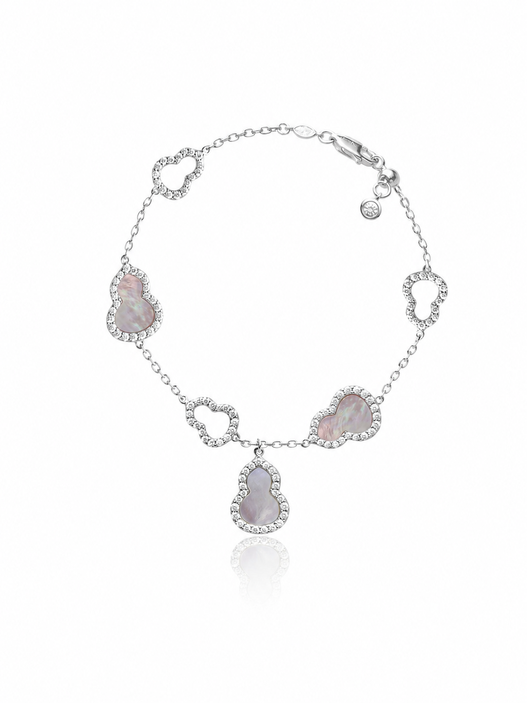 Pink Mother-of-Pearl Gourd Charm Bracelet, Rhodium-Plated 925 Sterling Silver, 15 cm - V-1011