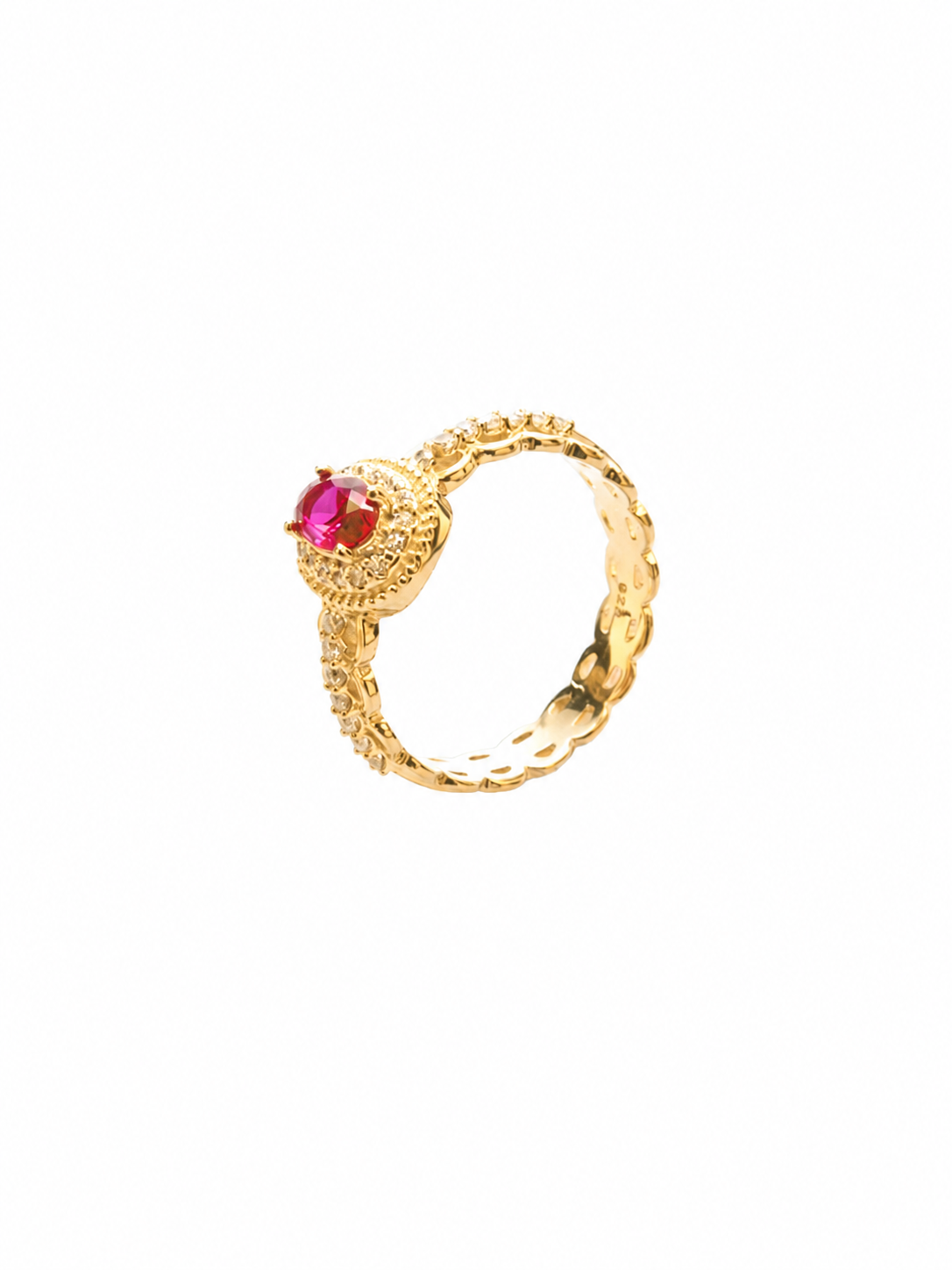 Lab-Grown Ruby Lace Filigree Band Ring, 18K Gold-Plated 925 Sterling Silver, US Sizes 6-8 - V-1004