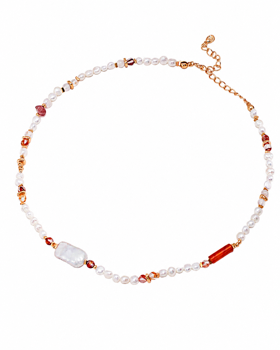 Strawberry Quartz and Baroque Pearl Necklace, 18K Gold-Plated 925 Sterling Silver, 38+6 cm - V-1027