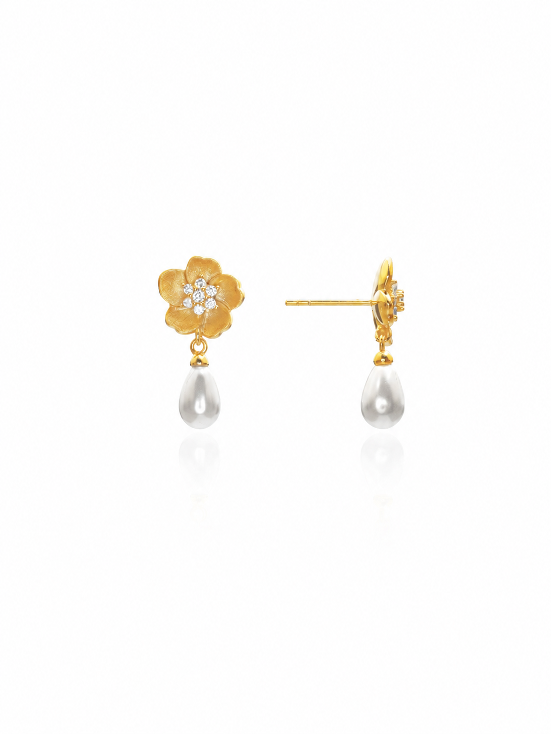 Brushed Begonia Flower Pearl Drop Stud Earrings, 18K Gold-Plated 925 Sterling Silver - V-1018