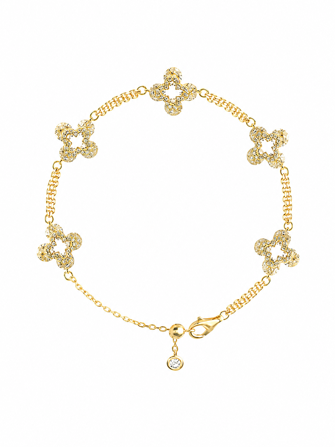Rotating Clover Flower Bracelet with Diamond Simulants, 18K Gold-Plated 925 Silver, 15 cm - V-1025