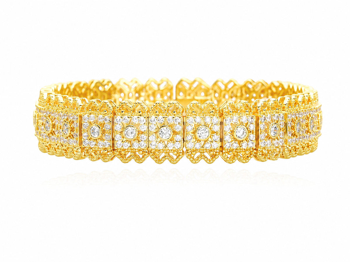 Vintage Lace Filigree Bracelet with Diamond Simulants, 18K Gold-Plated Copper, 15 cm - V-1008