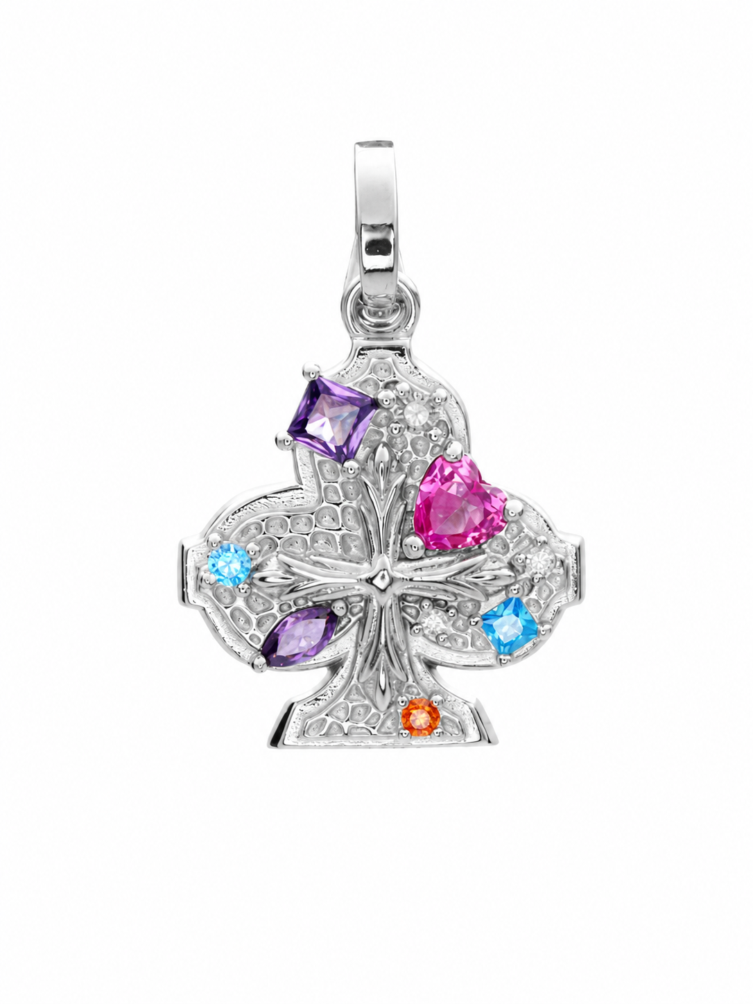 Club Playing Card Pendant with Multicolor Nano Zirconia, Rhodium-Plated 925 Silver, 2.5 cm - V-1034