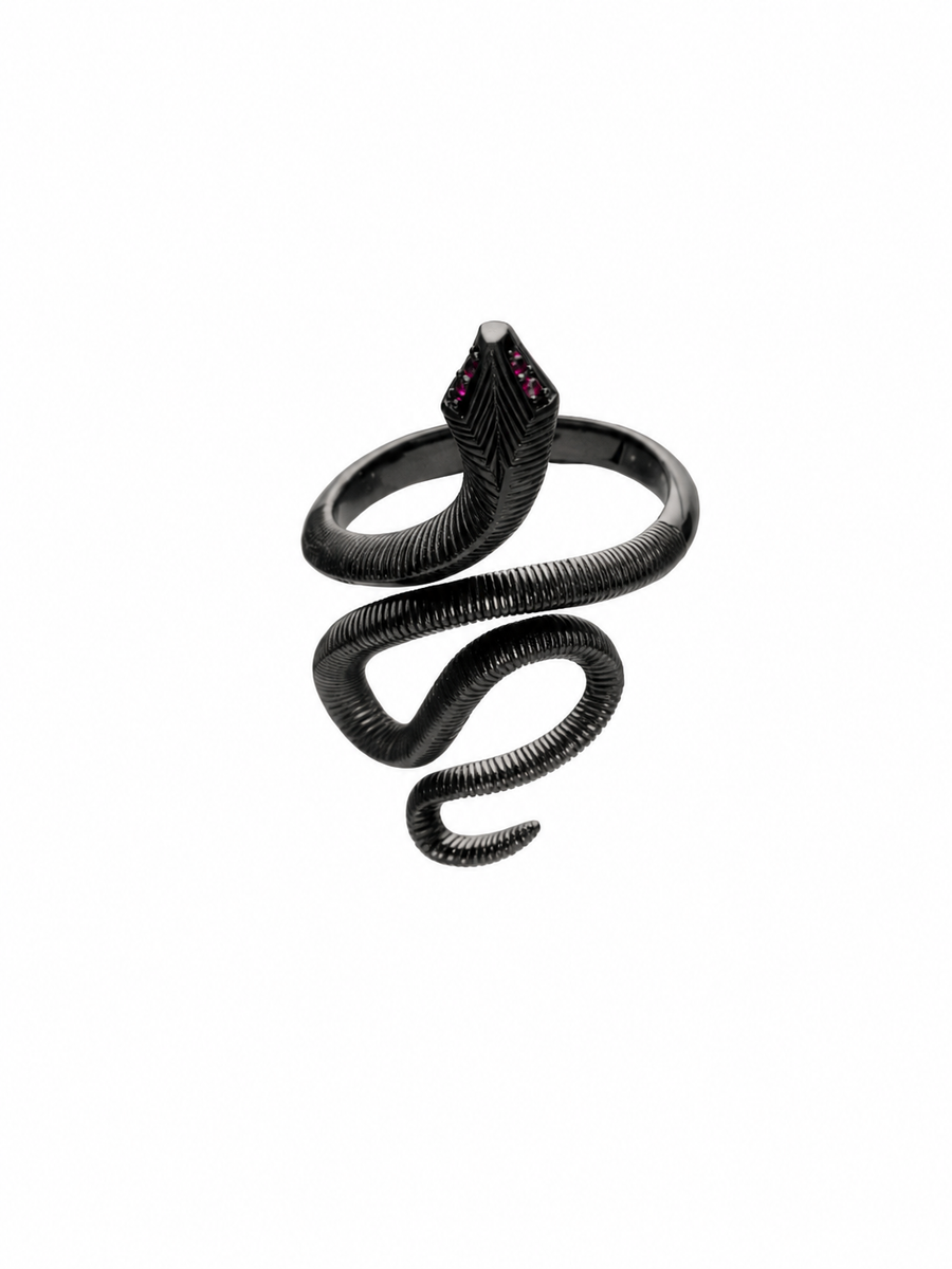 Black Mamba Adjustable Snake Ring, Black-Finish 925 Sterling Silver - V-1021