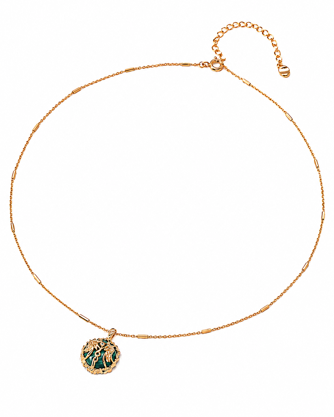Malachite Wing Pendant Necklace with Cubic Zirconia, 18K Gold-Plated 925 Sterling Silver, 40+6 cm - V-1052