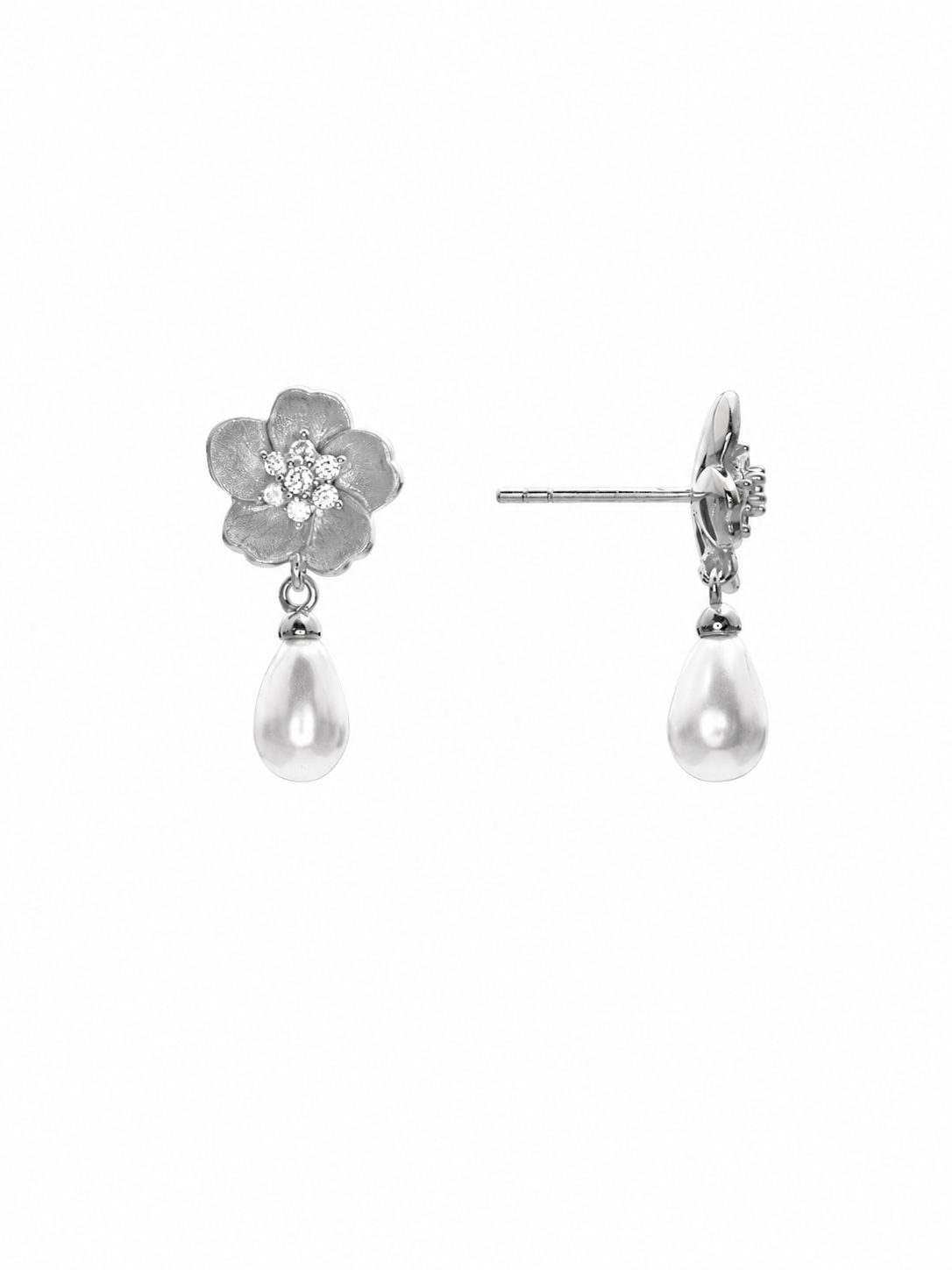 Brushed Begonia Flower Pearl Drop Stud Earrings, Rhodium-Plated 925 Sterling Silver - V-1017