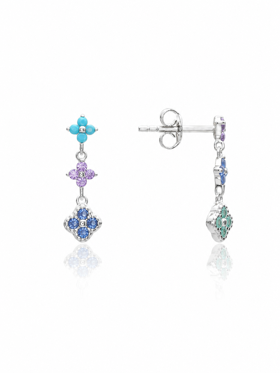 Colorful Triple Clover Drop Stud Earrings, Rhodium-Plated 925 Sterling Silver - V-1016