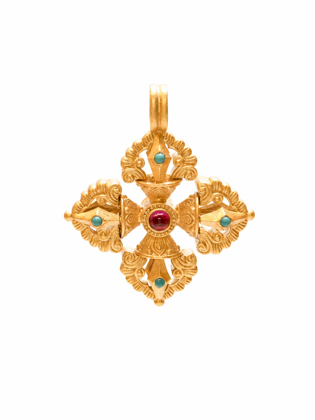Vintage Vajra Cross Turquoise Pendant, 18K Gold-Plated 925 Sterling Silver, 3.5 cm - V-1047