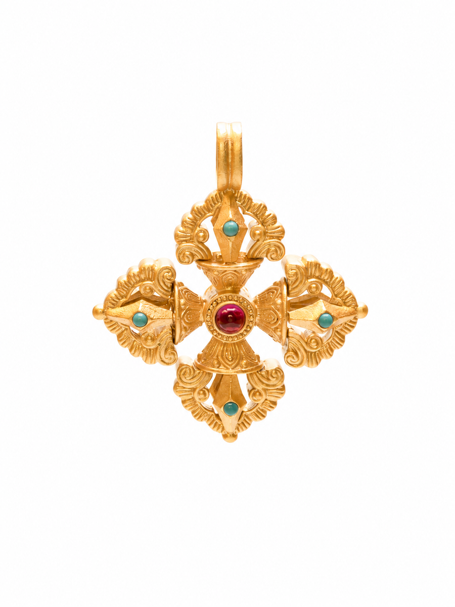 Vintage Vajra Cross Turquoise Pendant, 18K Gold-Plated 925 Sterling Silver, 3.5 cm - V-1047