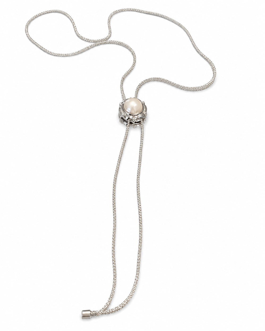 Adjustable Sliding Pearl Long Sweater Necklace, Rhodium-Plated 925 Sterling Silver, 65-70 cm - V-1014