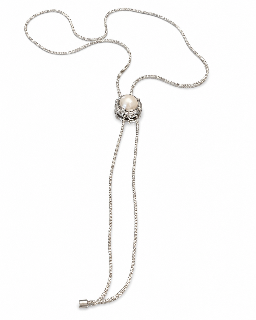 Adjustable Sliding Pearl Long Sweater Necklace, Rhodium-Plated 925 Sterling Silver, 65-70 cm - V-1014