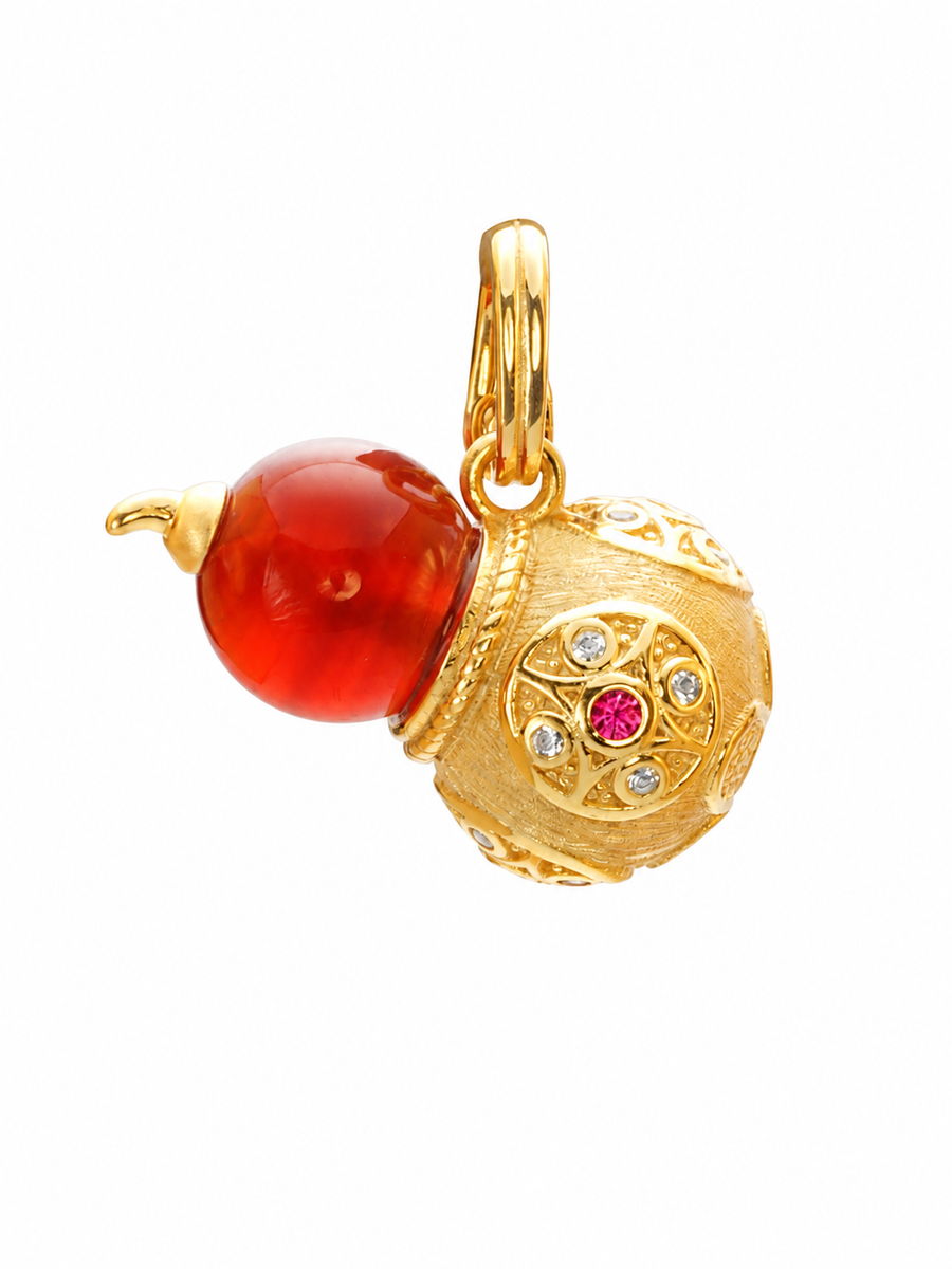 Red Agate Gourd Pendant, 18K Gold-Plated 925 Sterling Silver, 2 cm - V-1040
