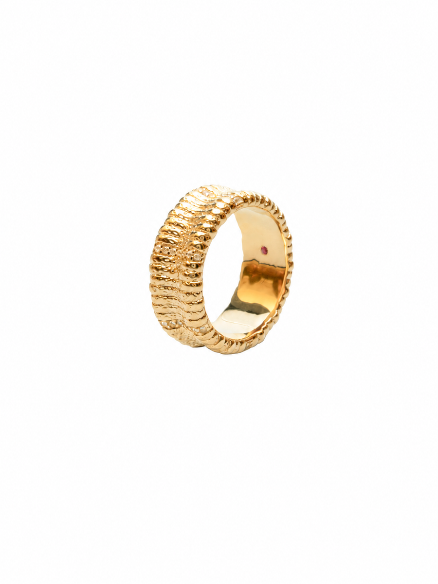 Gold Water Ripple Textured Ring with Diamond Simulants, 18K Gold-Plated 925 Silver, US Sizes 6-8 - V-1003