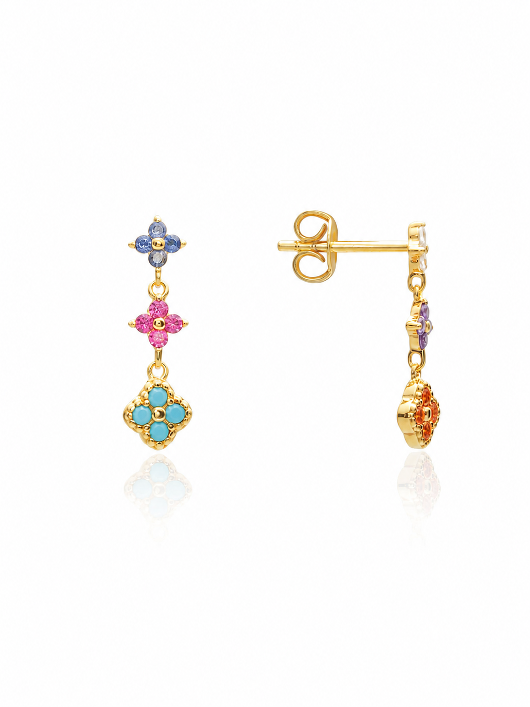 Colorful Triple Clover Drop Stud Earrings, 18K Gold-Plated 925 Sterling Silver - V-1015